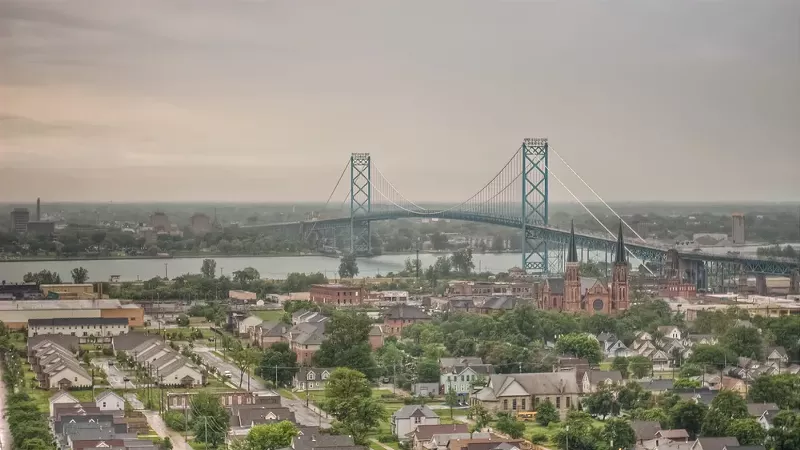 An aerial view of Soutwest Detroit and the Ambassador Bridge.