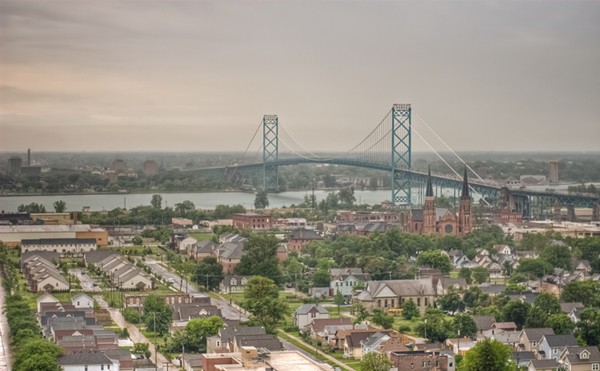 An aerial view of Soutwest Detroit and the Ambassador Bridge.
