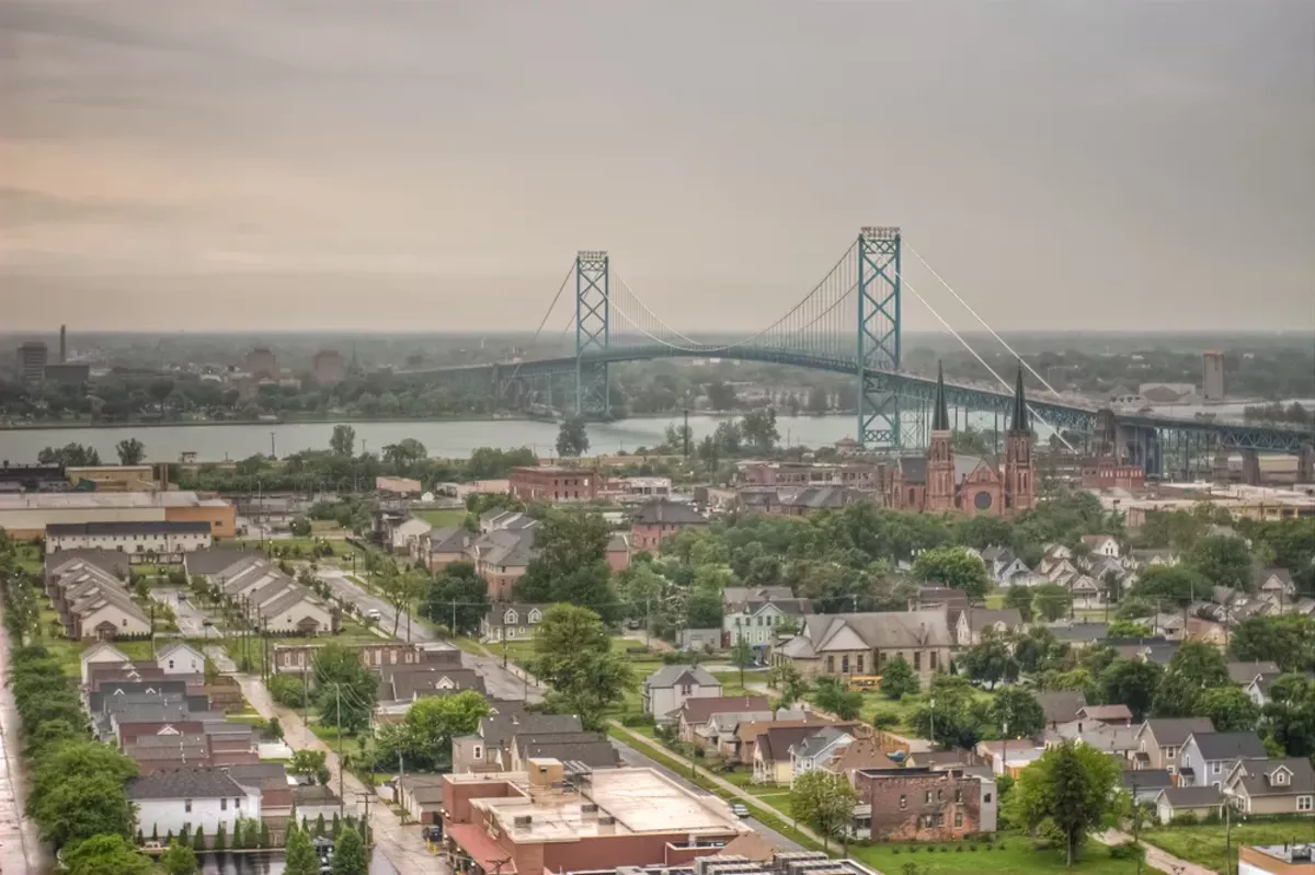 Image: An aerial view of Soutwest Detroit and the Ambassador Bridge.