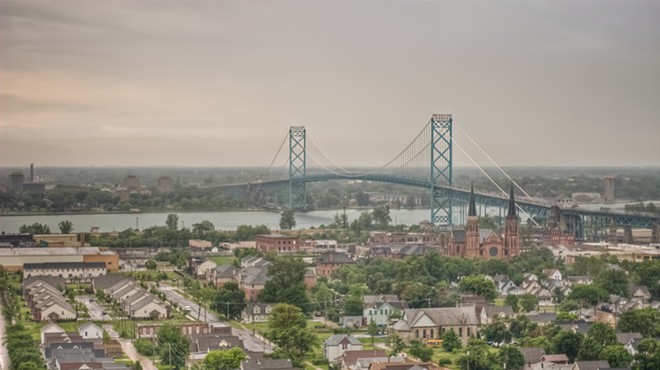 An aerial view of Soutwest Detroit and the Ambassador Bridge.