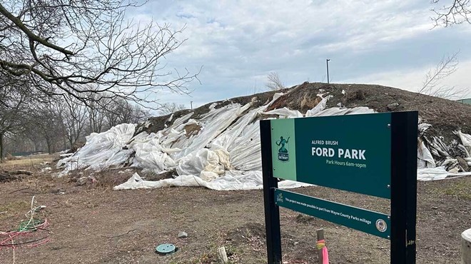 A large mound of dirt at the entrance of A.B. Ford Park.