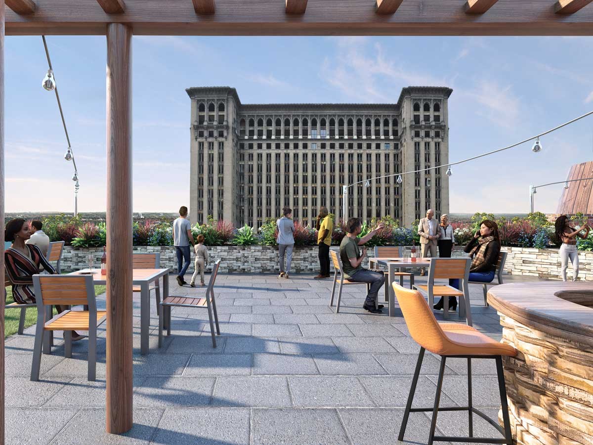 A rendering of Detroit’s City Winery music venue shows a stunning view of Michigan Central Station.