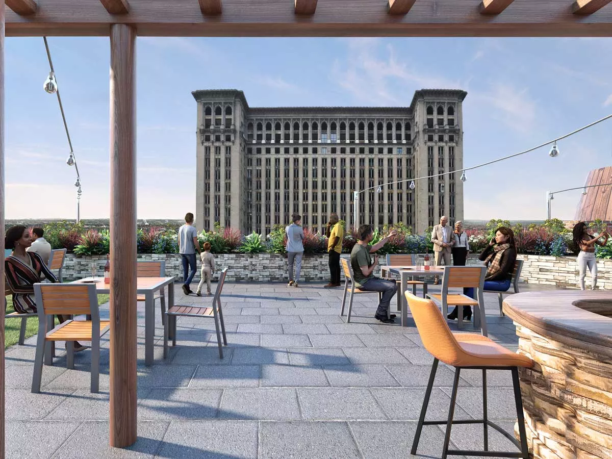 Image: A rendering of Detroit’s City Winery music venue shows a stunning view of Michigan Central Station.