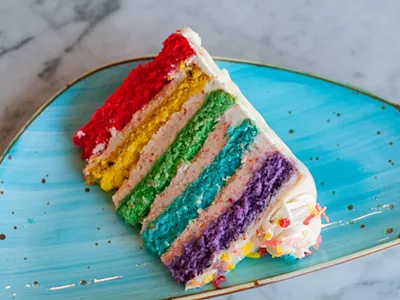 A slice of Fruity Pebbles cake.