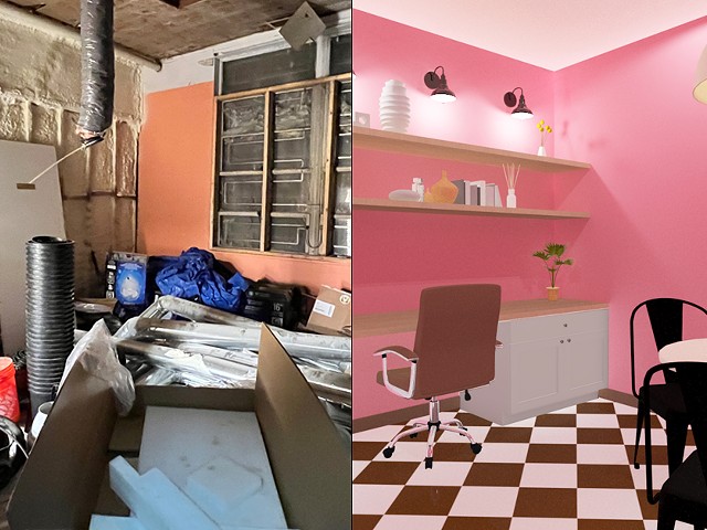 A photo of the new space for Good Cakes & Bake's new building (left) and a rendering of Concetti's new interior design for it.