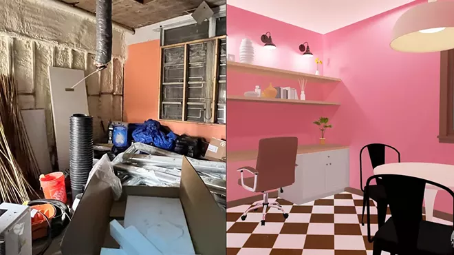 A photo of the new space for Good Cakes & Bake's new building (left) and a rendering of Concetti's new interior design for it.