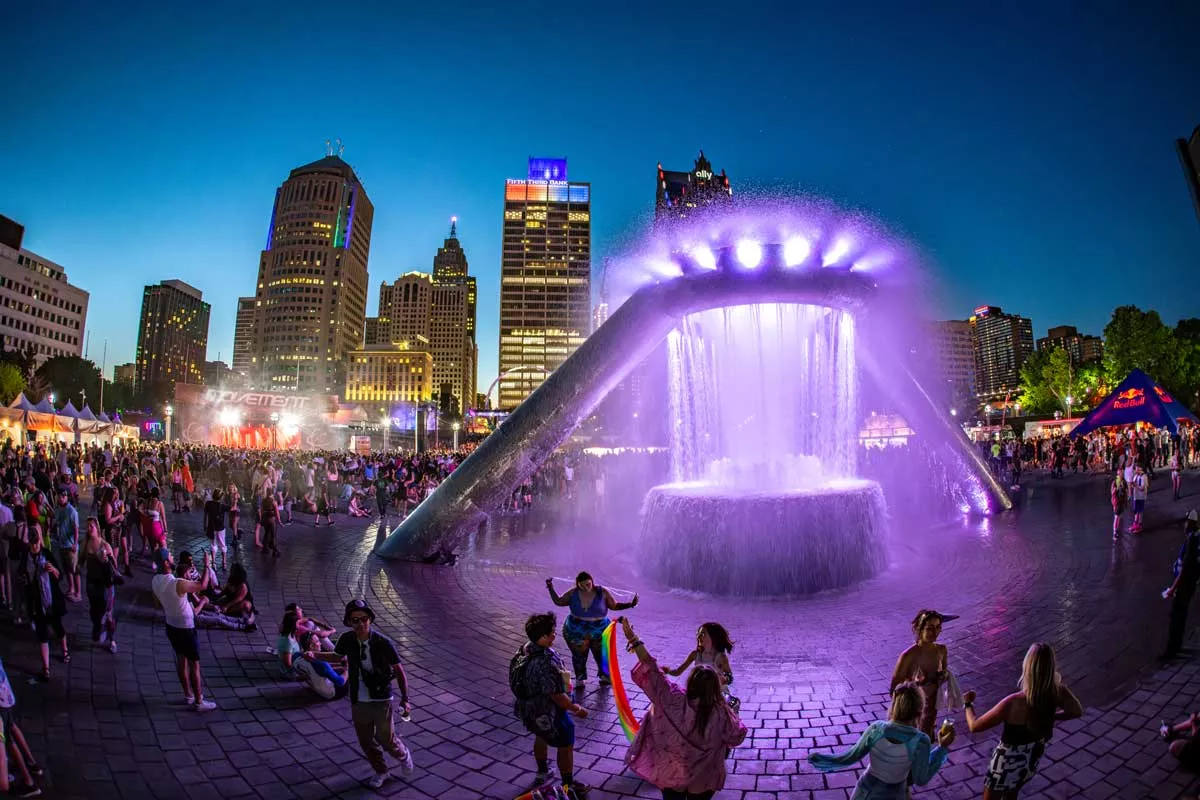 A crowd enjoys Hart Plaza at Movement Music Festival 2024.