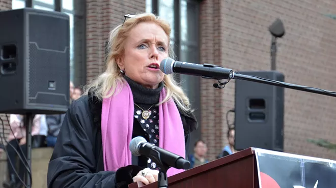 Congresswoman Debbie Dingell addresses the Women's March in Ann Arbor on January 21, 2017.