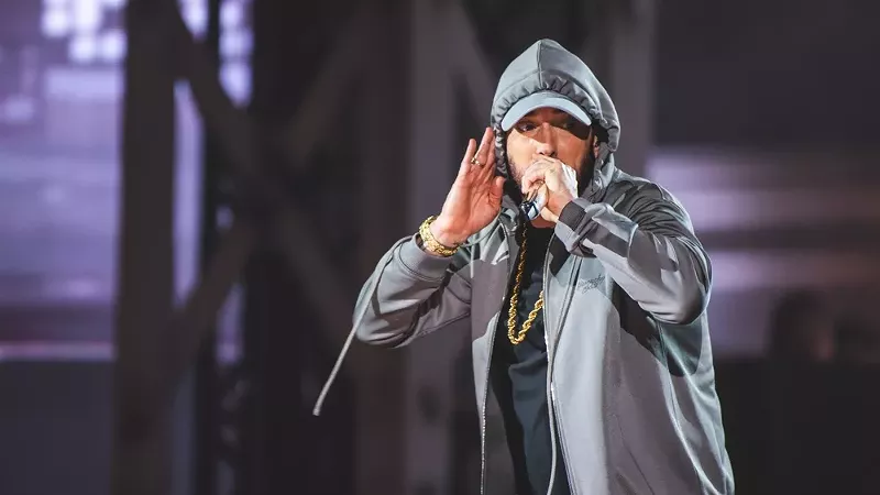 Eminem performs at the Michigan Central Station.