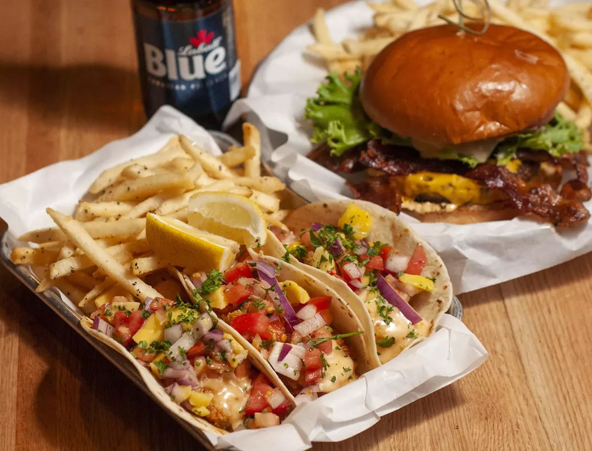 Image: Shrimp tacos and the Anchor Burger.