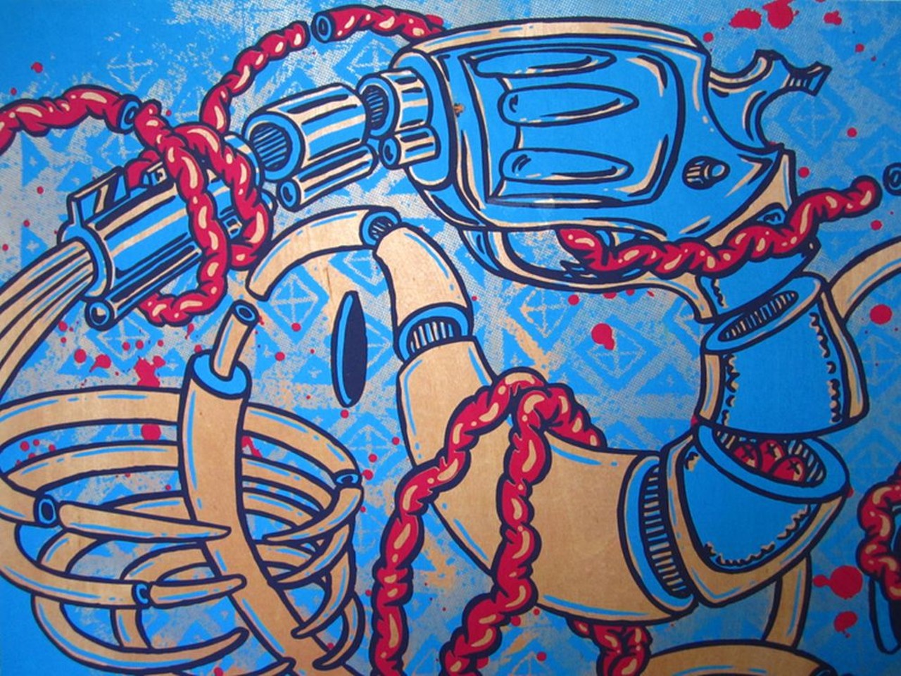 Technology and the Immortal Condition: The Work of Nicholas R. Wilson
The Gallery at the Village
Theater at Cherry Hill
Sept. 3-29
Originally from Trenton, mixed-media artist Nicholas R. Wilson studied fine art and graphic design and now produces unusual, cartoonish but edgy works using a mixture of painting and screen printing on wood box panels. We don’t know much more than that about Wilson, other than his work pretty much leaps out at you and grabs you by the collar. The artist himself says, “Words may not perfectly communicate what we want to say to each other.  As music communicates a feeling through sound, art communicates through sight, and the two composed together is what drives my work.” Drop in for a look 10 a.m.-2 p.m. weekdays or during public performances at the theater. The Village Theater at Cherry Hill is at 50400 Cherry Hill Rd., Canton; 734-394-5300; cantonvillagetheater.org. To view more of Wilson’s works, see http://nwilsonphoto.tumblr.com/