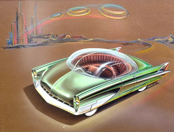 Ford designer Charles Balogh imagines a space-age car, one of many original conceptual drawings on display at LTU. - Courtesy photo.