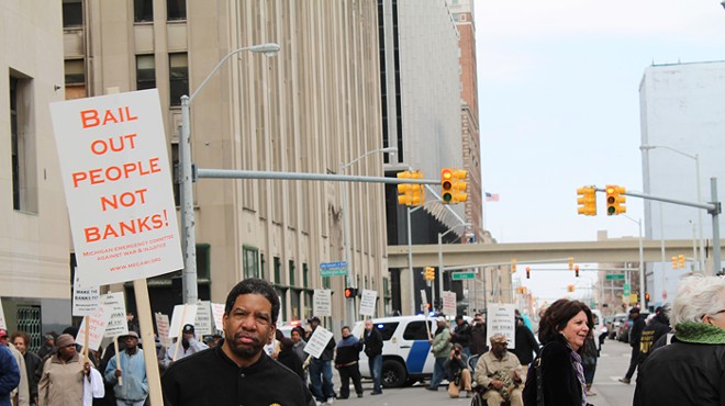 Retirees and supporters gathered outside of the Theodore Levin Federal Courthouse in downtown Detroit on Tuesday, April 1 to protest Detroit Emergency Manager Kevyn Orr’s proposed bankruptcy-exit plan, which calls for cuts to monthly pension checks.