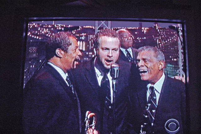 Gabriel (r) does the Letterman show with Preservation Hall.