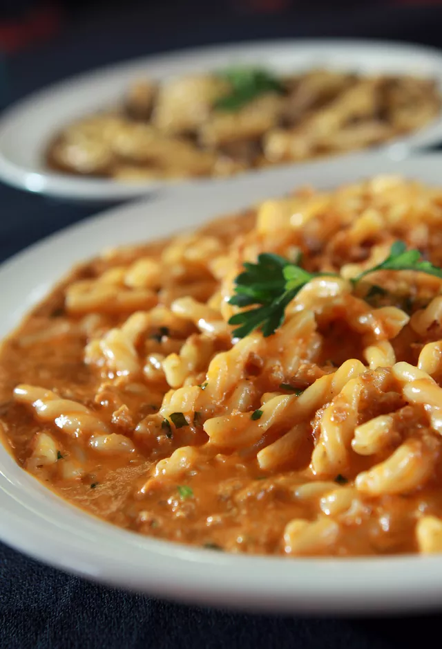 Gemelli Norcina, imported pasta, house made Italian sausage, truffle oil, tomato cream sauce, from Magdaleno Italiano in Lincoln Park.