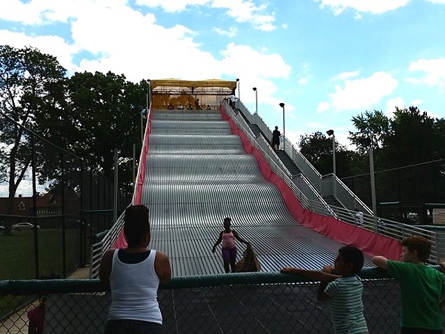 We love the giant slide, but it is a screaming metal death trap.