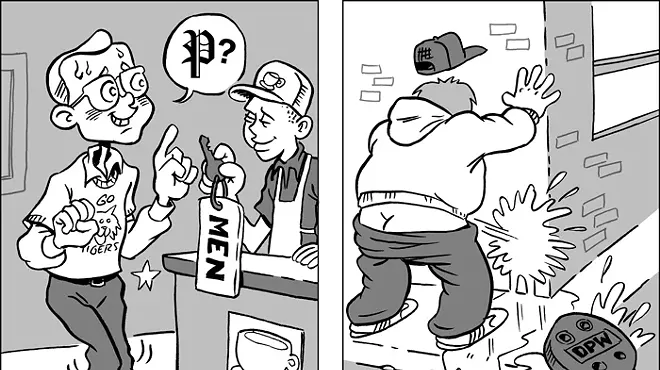 Dainty politely inquires at a local business about using the restrooms. Doofus whips out his dingle and urinates for two full minutes on Woodward Avenue.