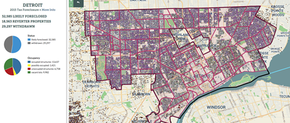Map highlighting foreclosures in Detroit in 2015. - Loveland Technologies
