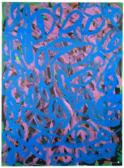 Julieann Dombrowski, "Abstract Blue Over Pink and Green," acrylic on paper, 22×30 in., 2023.