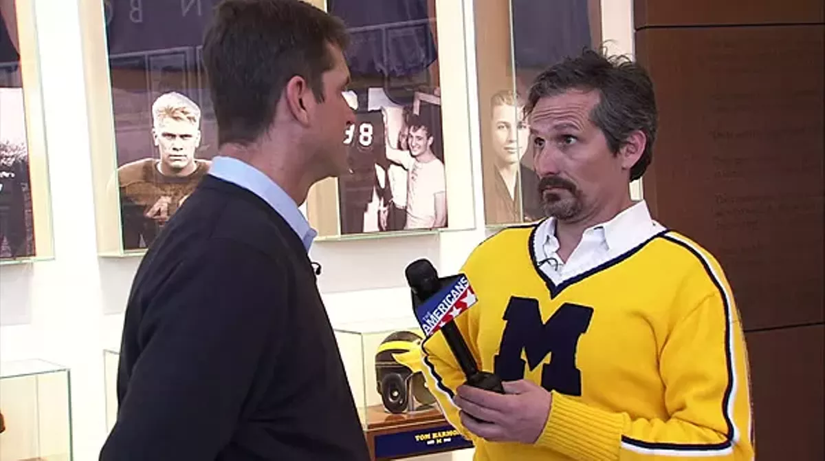 Image: Charlie LeDuff quizzes U-M coach Jim Harbaugh in a recent clip for The Americans.