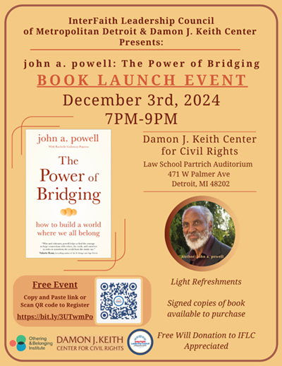 Join us for a special book launch event! Be among the first to celebrate the release of "The Power of Bridging" with an inspiring fireside chat with john a. powell, signed books available for purchase, and the opportunity to connect with fellow bridge builders. This event is free and open to everyone. You don't want to miss this exciting occasion!