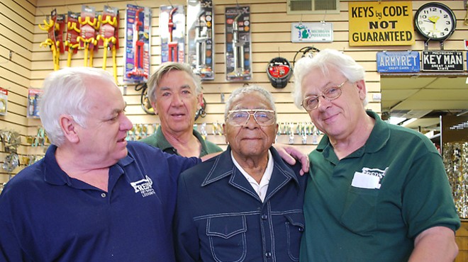 The Knoche brothers with "Fast Eddie" Wyatt at Fred’s Key Shop.