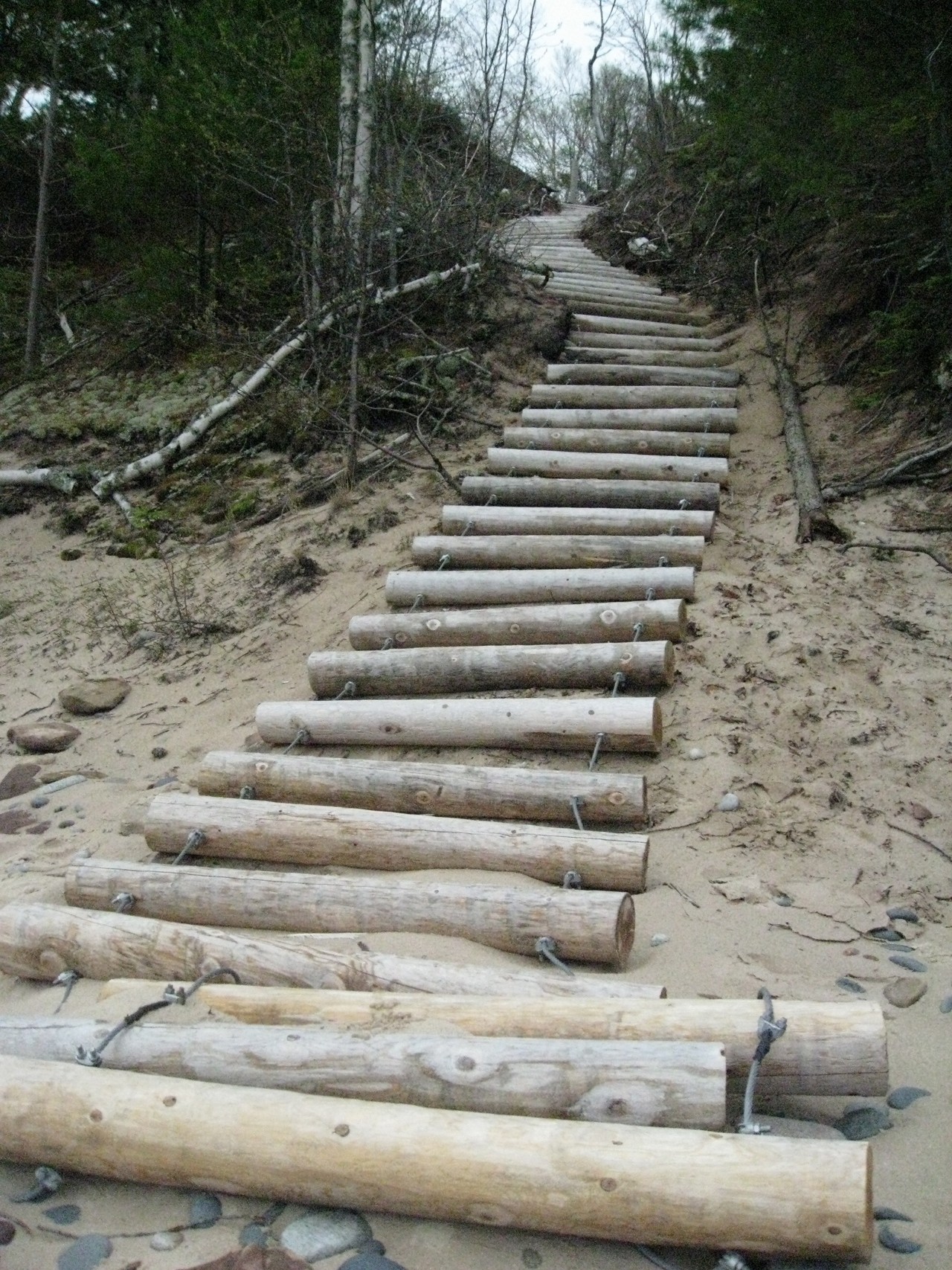 This rough stair of logs ascends to the Au Sable Point Light. Atop the stairs, a building had a defib kit!