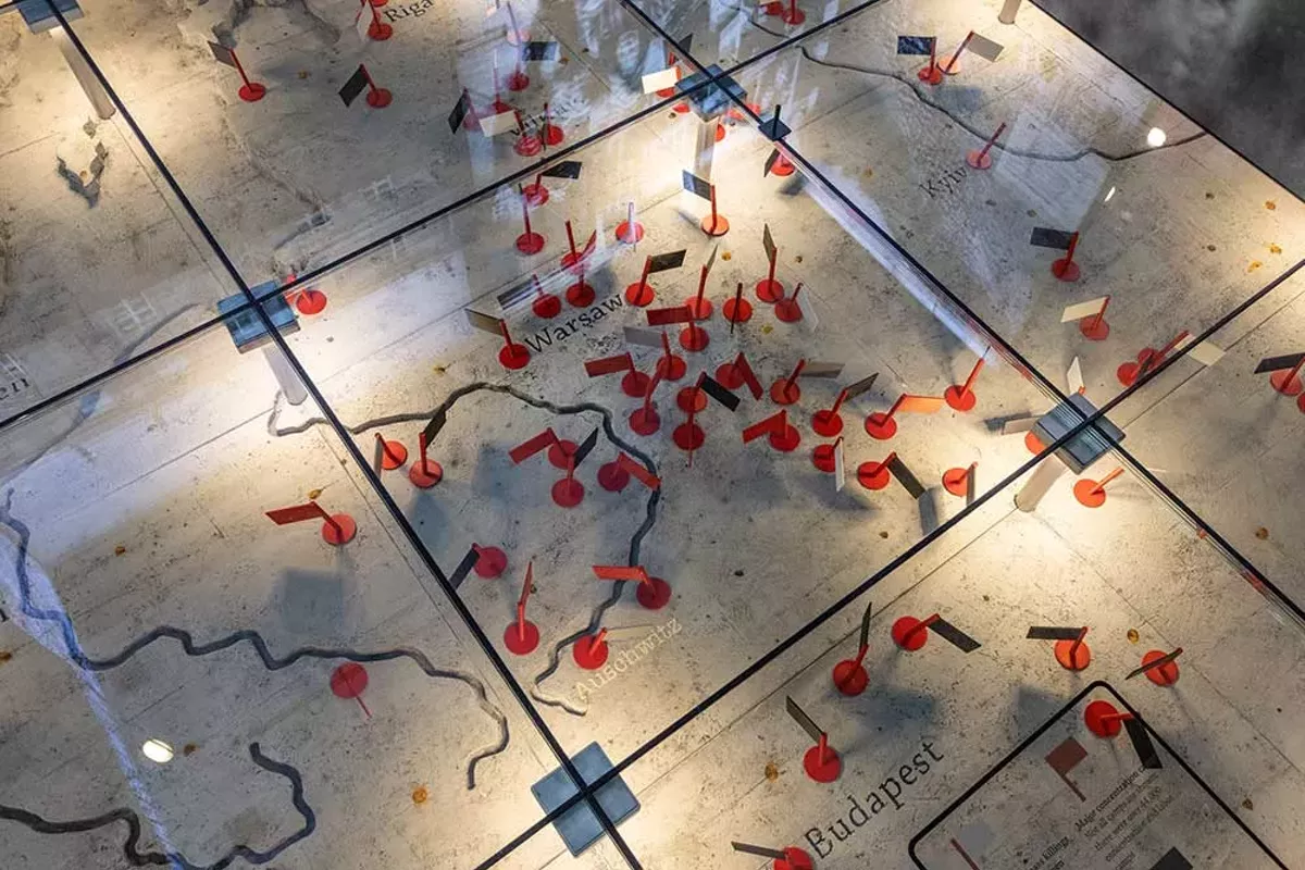 Image: A portion of the floor of Anne Frank the Exhibition shows a shows the map of Europe in World War II.