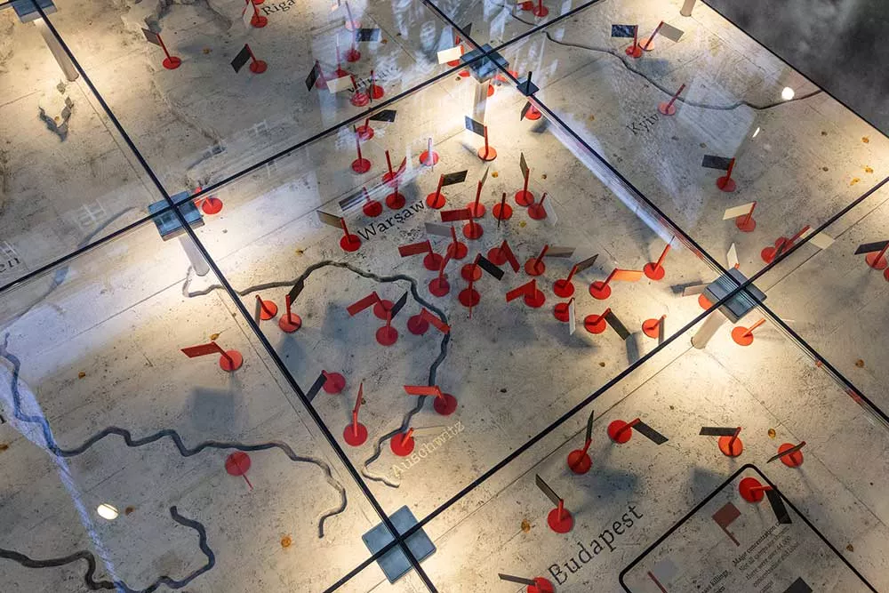 A portion of the floor of Anne Frank the Exhibition shows a shows the map of Europe in World War II.