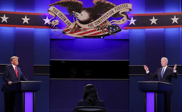 Then-President Donald Trump and Democratic presidential nominee Joe Biden debate for the final time in 2020 in Nashville.