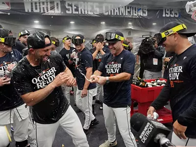 The Detroit Tigers celebrate after a baseball game against the Chicago White Sox, Friday, Sept. 27, 2024, at Comerica Park.