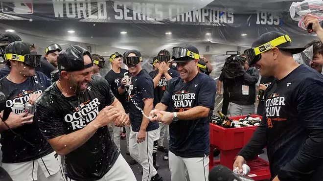 The Detroit Tigers celebrate after a baseball game against the Chicago White Sox, Friday, Sept. 27, 2024, at Comerica Park.