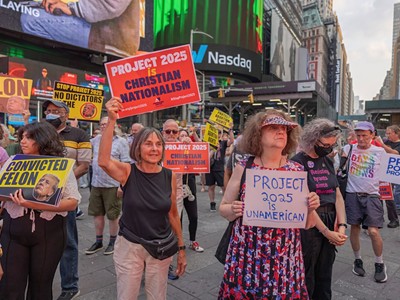 Demonstrators rally against Project 2025 in Manhattan’s Times Square.