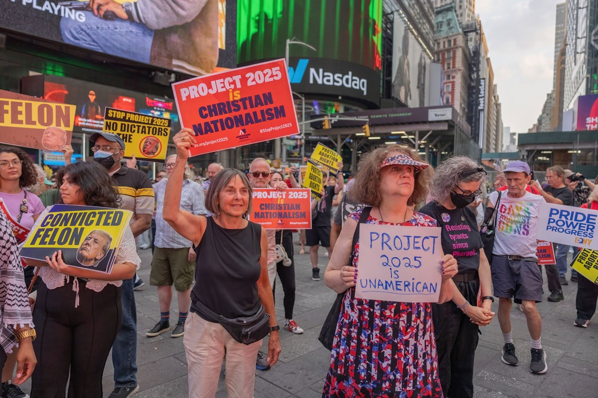 Demonstrators rally against Project 2025 in Manhattan’s Times Square.