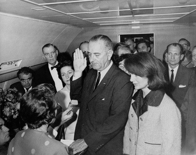 Lyndon B. Johnson takes the oath of office on Air Force One after Kennedy's assassination. Stephen King, among others, ponders where America would be without him. (Photo by Cecil W. Stoughton, White House Press Office)
