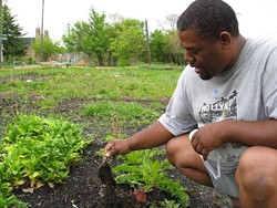 Mark Covington tends row crops along Georgia Street in Detroit.