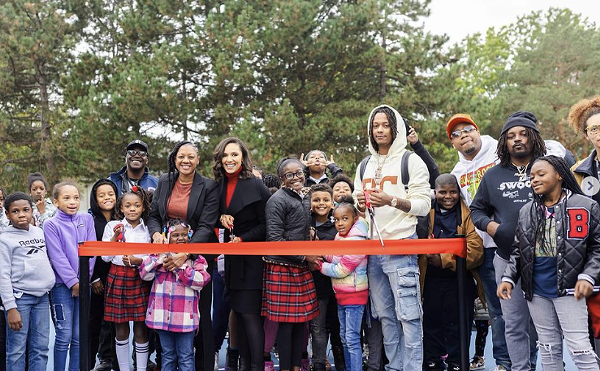 Mary Sheffield and Skilla Baby pictured together at a recent ribbon cutting for a newly renovated basketball court in Detroit.