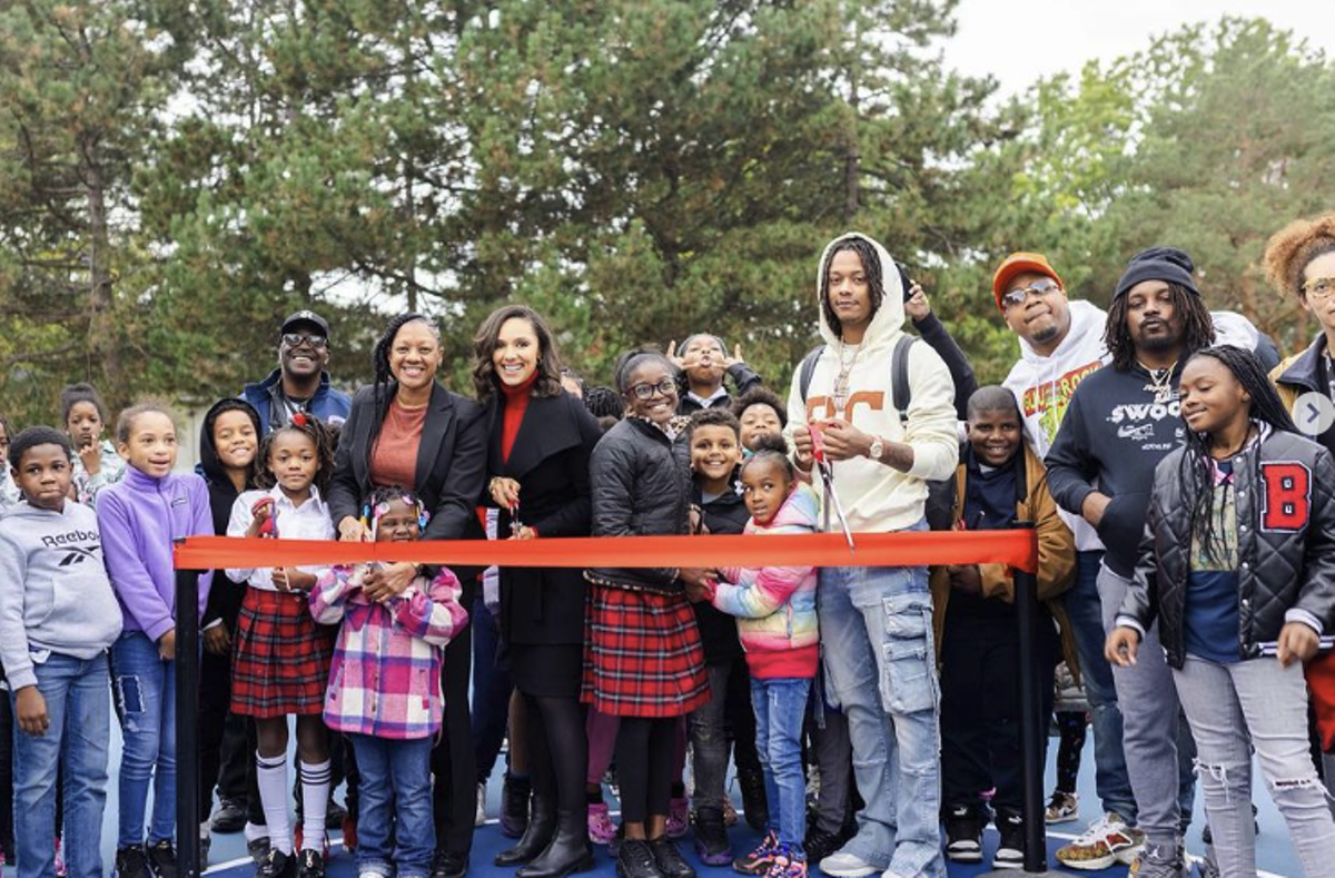Image: Mary Sheffield and Skilla Baby pictured together at a recent ribbon cutting for a newly renovated basketball court in Detroit.