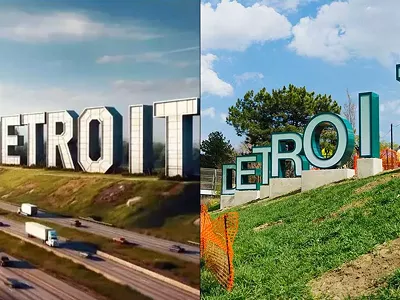 Detroit’s new welcome sign on I-94 depicted in an image likely created by generative AI vs. a photo of the actual finished product.