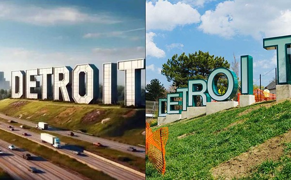 Detroit’s new welcome sign on I-94 depicted in an image likely created by generative AI vs. a photo of the actual finished product.