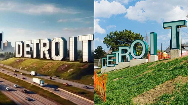 Detroit’s new welcome sign on I-94 depicted in an image likely created by generative AI vs. a photo of the actual finished product.