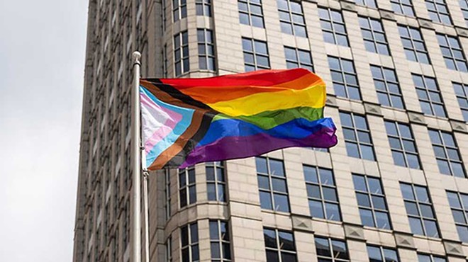 The Pride flag flies in downtown Detroit.