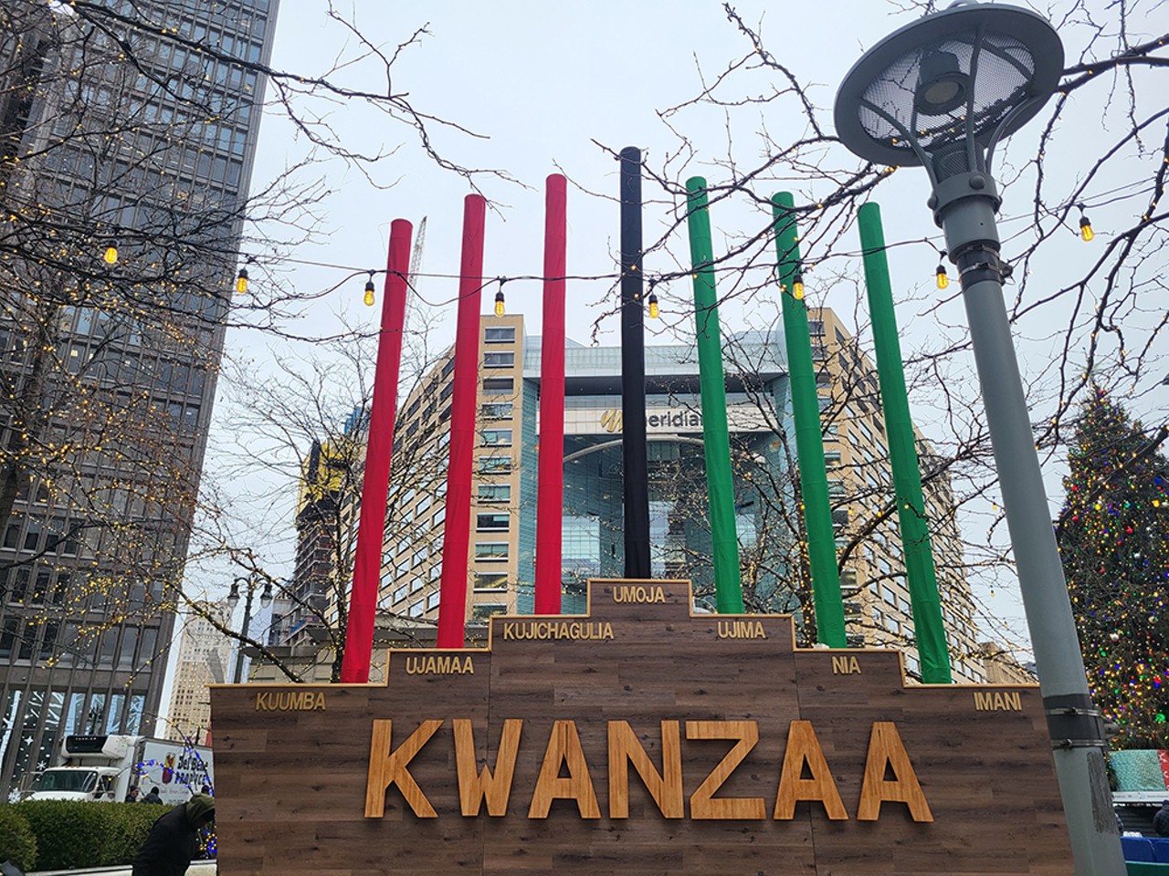 Kwanzaa kinara
Detroit recently became home to the world’s largest Kwanzaa kinara, after starting a new tradition in 2022 of a 30-foot-tall kinara joining the Campus Martius Christmas tree and menorah. This year, the Kwanzaa celebration and kinara lighting will happen on Dec. 26 hosted by the Downtown Detroit Partnership with support from Alkebu-lan Village, Councilman Scott Benson, and the City of Detroit.