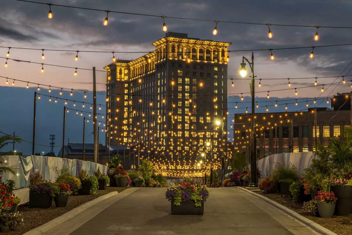 Image: Detroit’s long-abandoned Michigan Central lit up.