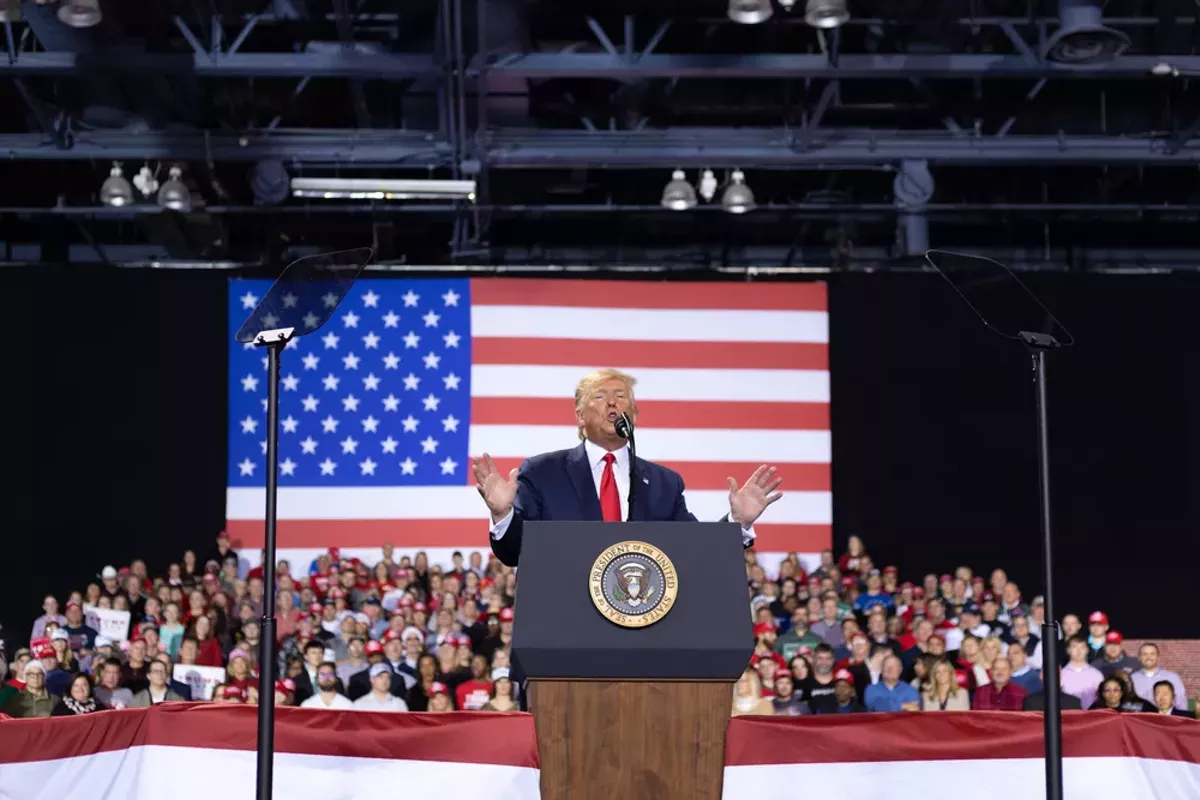 Image: Then-President Donald Trump at a campaign rally in Battle Creek in 2019.