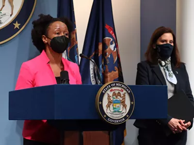 Michigan Department of Health and Human Services chief medical executive Dr. Joneigh Khaldun, left, and Governor Gretchen Whitmer address Michigan's COVID-19 outbreak.