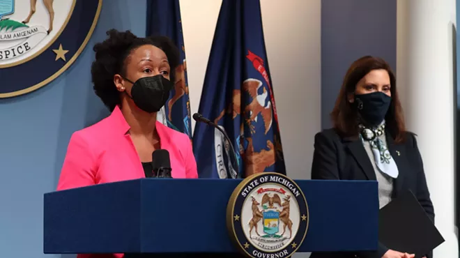 Michigan Department of Health and Human Services chief medical executive Dr. Joneigh Khaldun, left, and Governor Gretchen Whitmer address Michigan's COVID-19 outbreak.