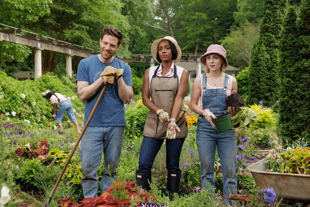 Brett (Ben Rappaport), Catherine (Aja Naomi King), and Alice (AnnaSophia Robb) of Grosse Pointe Garden Society on NBC.