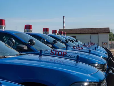 A fleet of Michigan State Police vehicles.