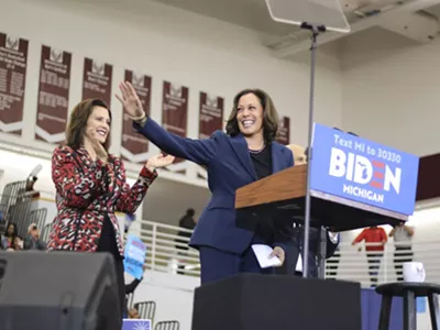 Gov. Gretchen Whitmer (left) with Kamala Harris at a Joe Biden rally.